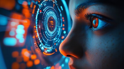 Futuristic close-up of person's face in tech setting with colorful interface and circular screen, low angle view.