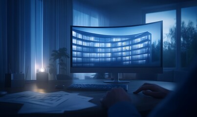 Poster - A dimly lit workspace featuring a large monitor displaying an architectural design, accompanied by a candle and scattered papers, creating a serene atmosphere.
