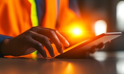 Fototapete - A worker in an orange safety vest uses a tablet, showcasing a blend of technology and safety in a professional environment.
