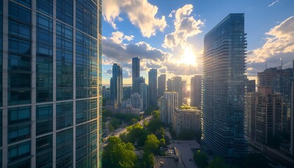 Aufkleber - A vibrant city skyline bathed in sunlight, showcasing modern skyscrapers and a clear blue sky with scattered clouds.