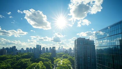 Poster - A vibrant city skyline under a bright blue sky, featuring sunlight, clouds, and lush green trees, showcasing urban and natural beauty.