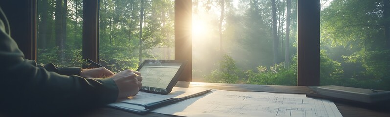 Poster - A serene workspace with natural light filtering through trees, featuring a tablet and scattered papers on a wooden table.