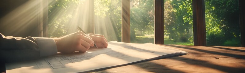 Poster - A serene scene of a person writing on a desk, illuminated by warm sunlight filtering through trees, capturing a moment of creativity and inspiration.
