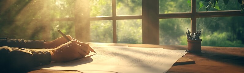 Poster - A serene workspace with sunlight streaming through windows, highlighting a person’s hands as they write on paper, surrounded by nature.