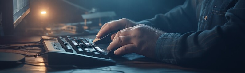 Aufkleber - A close-up of hands typing on a keyboard, illuminated by soft light, suggesting focus and creativity in a workspace setting.