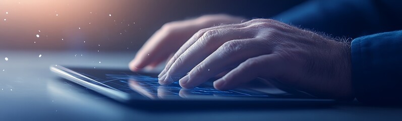 Poster - A pair of hands typing on a keyboard with a soft glow and blurred background, suggesting a focused, productive atmosphere.