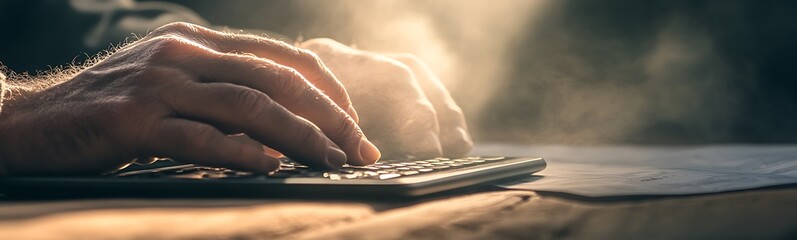 Poster - A pair of hands typing on a keyboard, illuminated by soft light, creating a serene and focused atmosphere in a dusty environment.