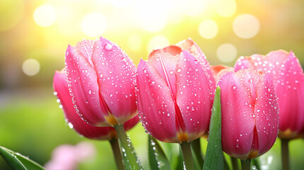 Wall Mural - pink tulips with dew drops in garden close up