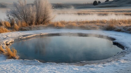 Poster - A Frozen Pool of Water with Steam Rising from Its Surface