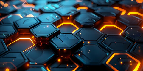 Poster - Abstract background with glowing hexagons in blue and orange colors