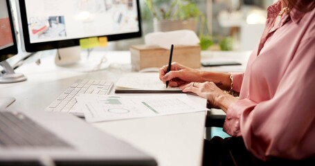 Aufkleber - Hands, computer and business woman with writing, notes and creative training on screen in startup. Documents, online research and copywriter with notebook, graphs and planning for news meeting
