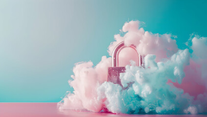 Poster - A lock made of cotton candy on a pastel background