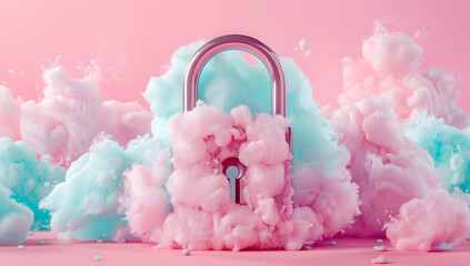 Poster - A lock made of cotton candy on a pastel background