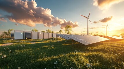 Wall Mural - Modern battery energy storage system with wind turbines and solar panels in lush green grass fields renewable power 3d illustration 4k image