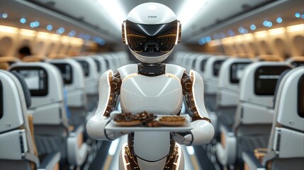 Poster - A white robotic steward walking in Futuristic airplane cabin between rows of passengers seated in comfortable chairs. The robot holding a tray with meals. It serves food like a human steward.