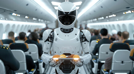 Poster - A white robotic steward walking in Futuristic airplane cabin between rows of passengers seated in comfortable chairs. The robot holding a tray with meals. It serves food like a human steward.