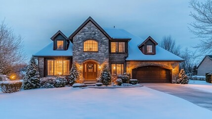 Poster - Brick House with Snow-Covered Roof and Front Yard