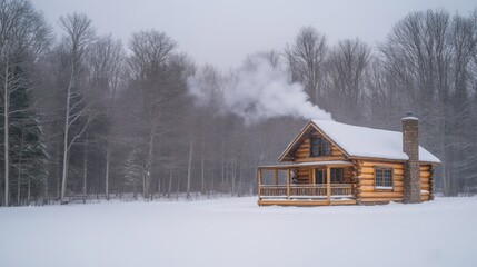 Poster - A Cozy Cabin in the Snowy Woods with Smoke Rising from the Chimney