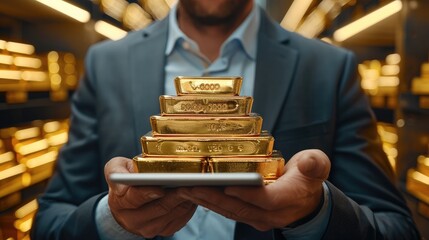 Poster - Business man holding gold bars, Financial analyst reviewing gold bullion trends on a digital tablet, with data graphs and charts overlay.