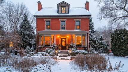 Poster - Brick House with Snow Covered Roof and Yard