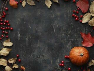 Wall Mural - Pumpkin surrounded by autumn leaves and berries