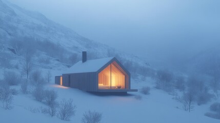 Poster - Illuminated Cabin nestled in a Snowy Mountain Landscape