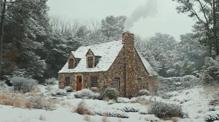 Poster - Stone Cottage with Smoke Rising from Chimney in Snowy Woods