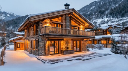 Poster - A Cozy Wooden Chalet with Snow Covered Roof and a Deck in the Snowy Mountains