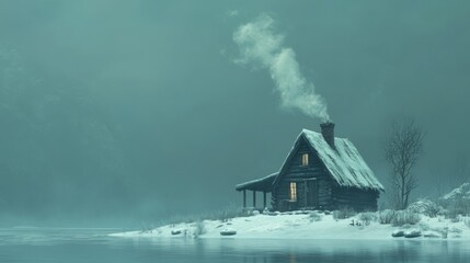 Poster - A Cozy Cabin with Smoke Rising from the Chimney on a Snowy, Misty Day