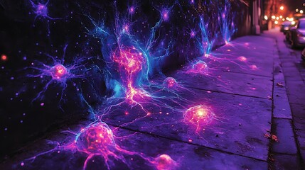 A sidewalk photo of a purple and black background