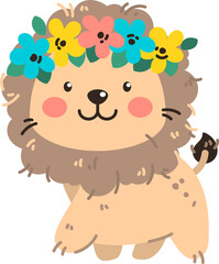 Wall Mural - cute cartoon lion wearing a flower crown in vector illustration, perfect for kids' projects. flat ar
