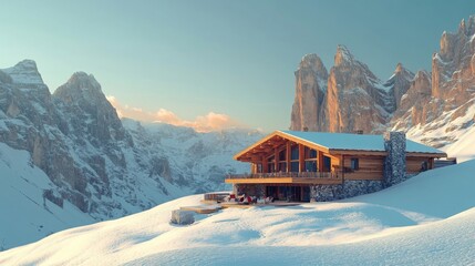 Poster - Wooden Cabin Nestled in a Snowy Mountain Valley at Sunset