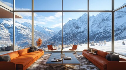 Poster - Modern living room with panoramic mountain view through large windows