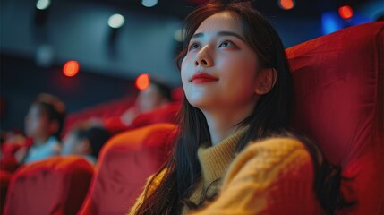Aufkleber - A group of people watching a movie in a cinema. young Asian women are sitting on red seats, enjoying the movie.