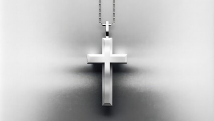 Poster - Silver Cross Pendant on a Chain Against a White Background