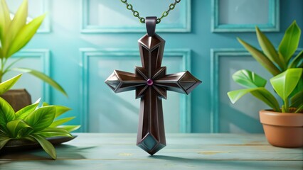 Poster - A Detailed Metal Cross Pendant with Gemstone Accent on a Teal Wooden Surface