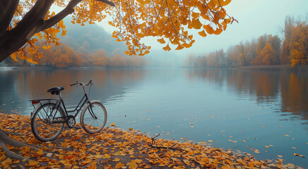 Poster - Autumn ginkgo trees, golden leaves, tranquil lake surface, calm water reflection, a bicycle by the lake, fallen leaves on the ground.