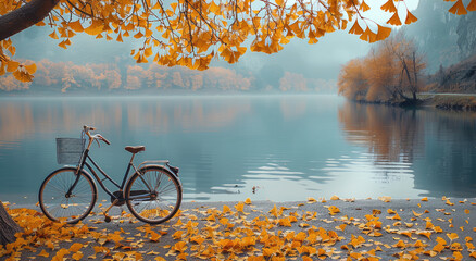 Poster - Autumn ginkgo trees, golden leaves, tranquil lake surface, calm water reflection, a bicycle by the lake, fallen leaves on the ground.