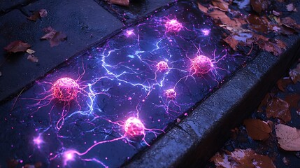 A sidewalk photo of a purple and black background