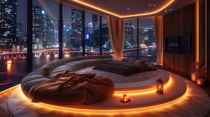 Aufkleber - A modern, two-level cozy bedroom with a large circular bed on the top level overlooking a city skyline through large windows at night. reveal a cityscape filled with tall, illuminated buildings.