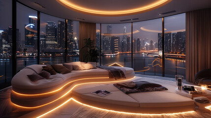Aufkleber - A modern, two-level cozy bedroom with a large circular bed on the top level overlooking a city skyline through large windows at night. reveal a cityscape filled with tall, illuminated buildings.