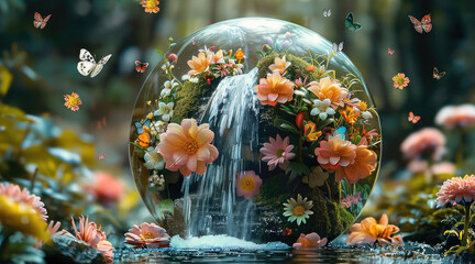 Poster - A spherical crystal with many flowers and a waterfall with flying butterflies inside.