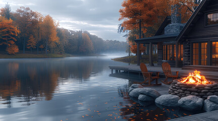 Poster - A cozy lakeside cabin porch with rocking chairs, a fire pit made of stones and wood planks, overlooking the tranquil lake water in autumn. The air is filled with the scent of burning wood.