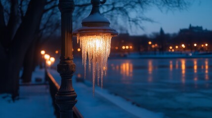 Poster - Illuminated Street Lamp with Icicles Hanging Against a Blurred Background