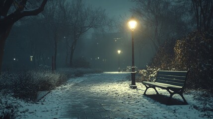 Poster - Snowy Nighttime Pathway with Illuminated Streetlight and Bench