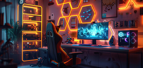 Poster - Gaming room with orange neon lights, hexagonal shelves, and a gaming chair. Video game wallpaper on the monitors, LED strip lighting, and high resolution.