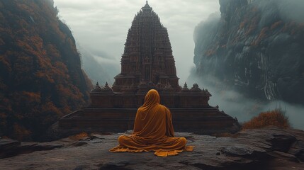 Monk Meditating by Temple	