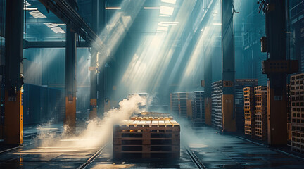 Poster - A palletizing machine at factory, beautiful lighting on the machine, smoke for a wow effect.