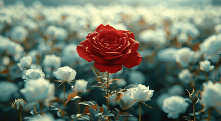 Poster - A red roses in the middle of white rose herbs.