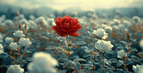 Poster - A red roses in the middle of white rose herbs.
